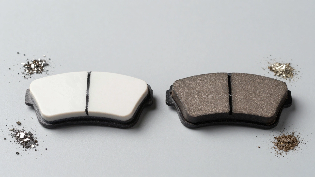 Comparison of a ceramic brake pad and a semi-metallic brake pad on a grey background