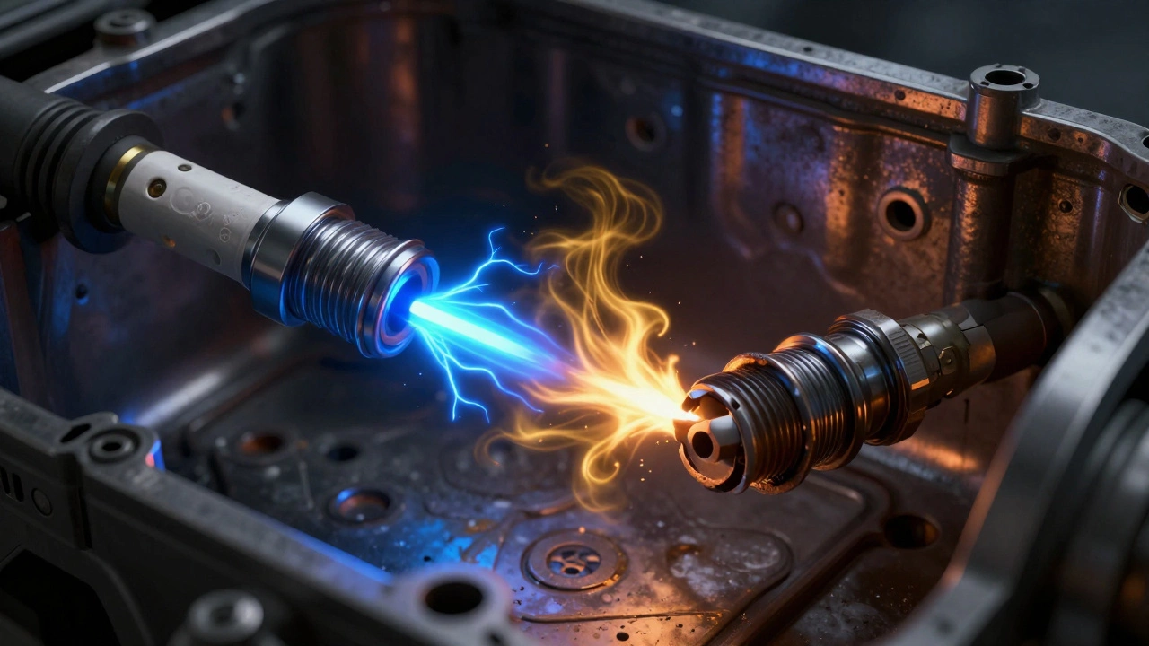 Comparison of a strong electric spark and a weak misfire inside a cylinder.