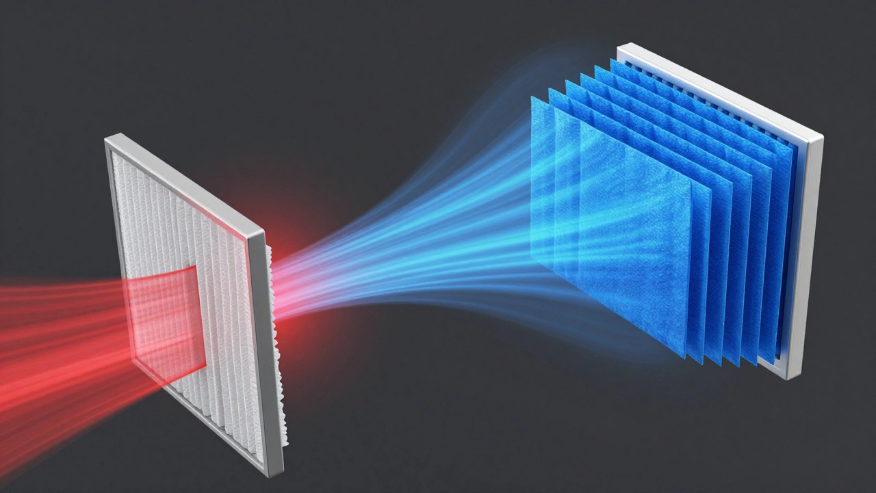 Conceptual diagram showing air flowing through a restrictive flat filter versus a high-flow pleated filter