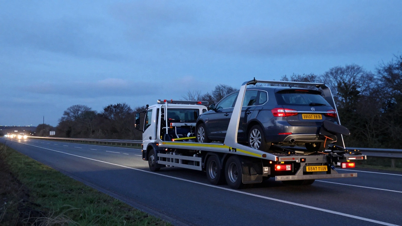 Flatbed tow truck transporting a car on a motorway at twilight