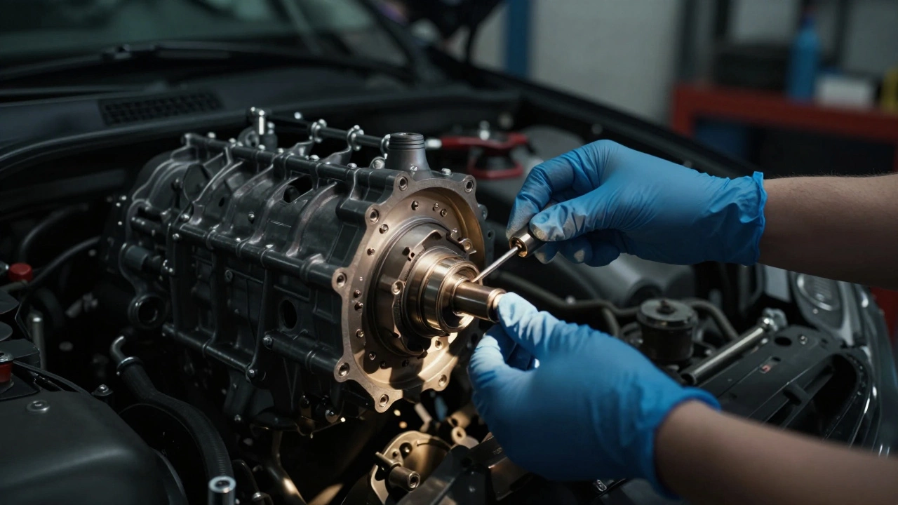 Hands in nitrile gloves carefully installing a transmission gearbox