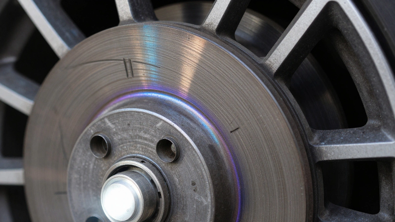 Macro photo of a damaged brake rotor with deep grooves and blue heat tints