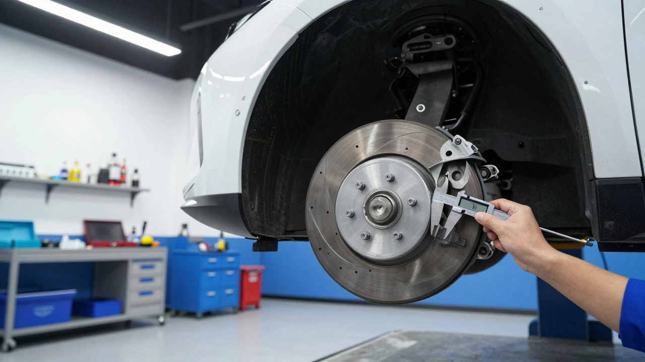 Mechanic measuring the thickness of a car brake disc with a digital caliper