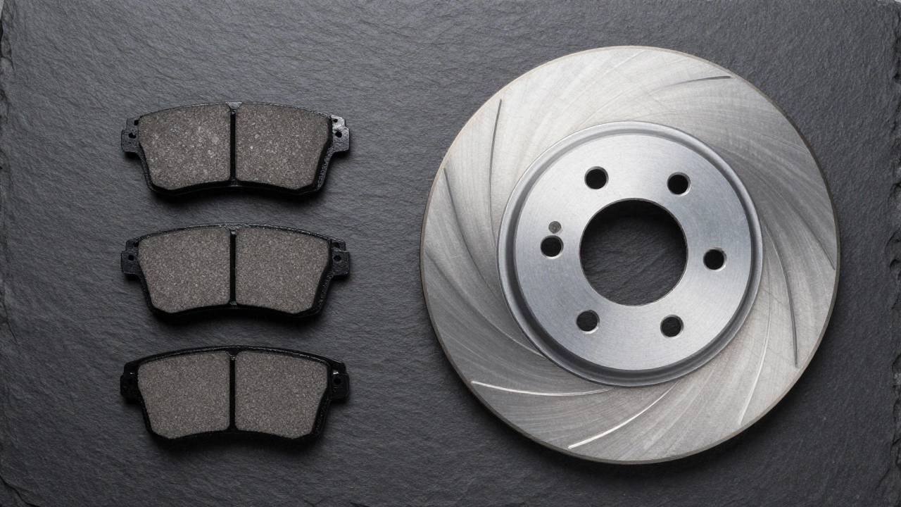 New brake pads next to a smooth, resurfaced brake rotor on a dark background