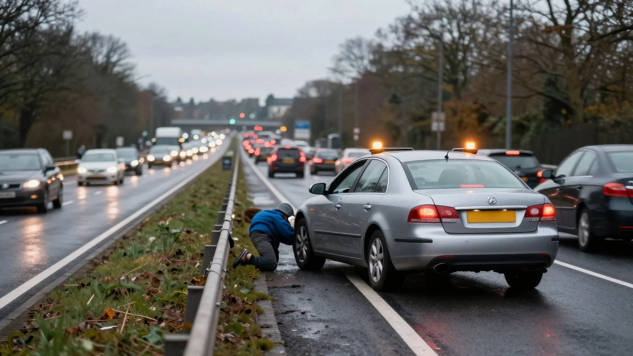 Car stranded on highway shoulder with hazard lights flashing in heavy traffic