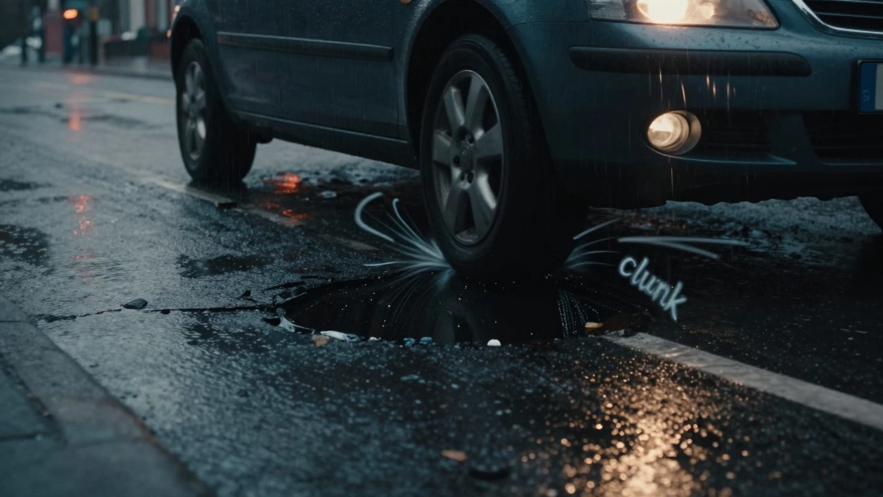 Car wheel hitting a pothole on wet UK road