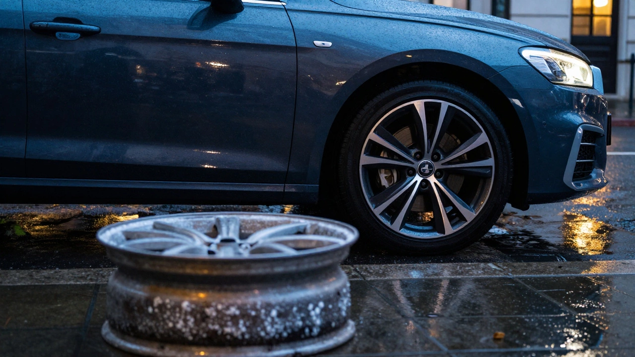 Car with shiny alloy wheels next to rusty steel wheels on a wet street