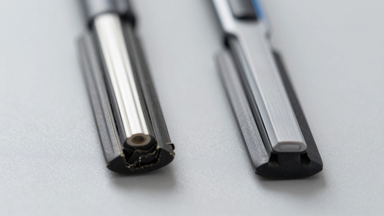 Close up comparison of worn budget wiper blade vs new premium blade