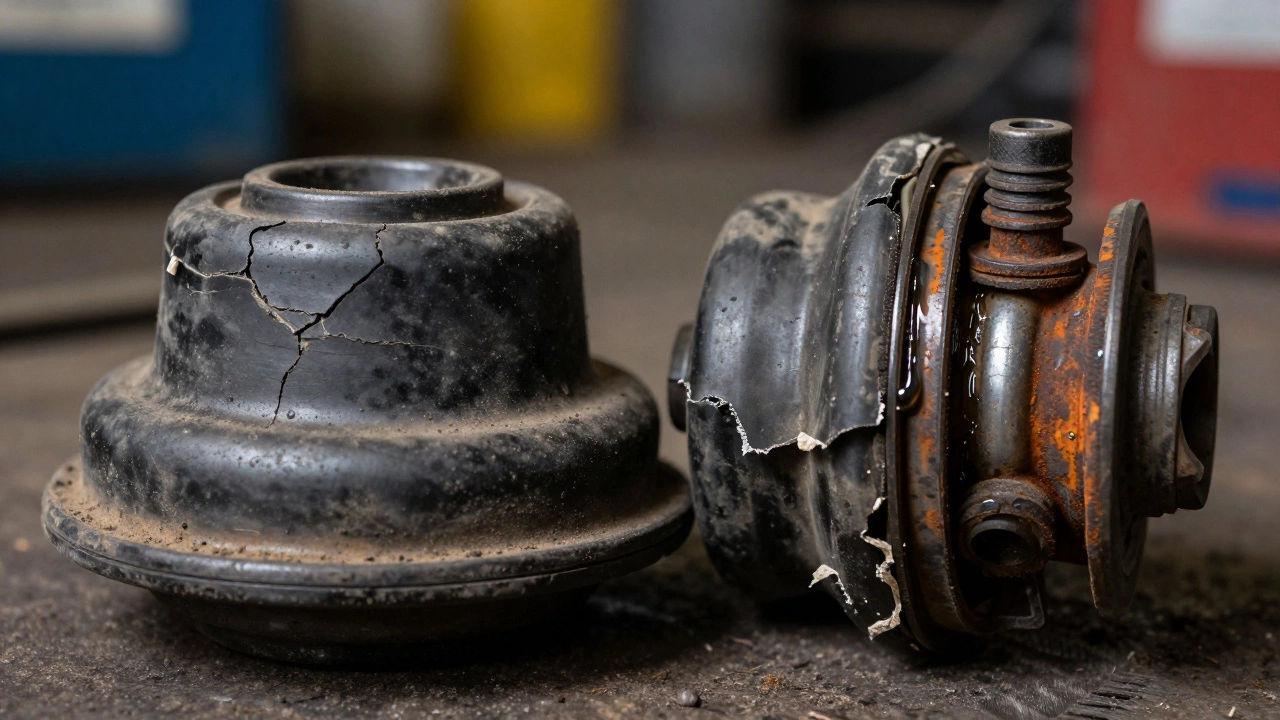 Close-up of cracked rubber bushings and corroded ball joints