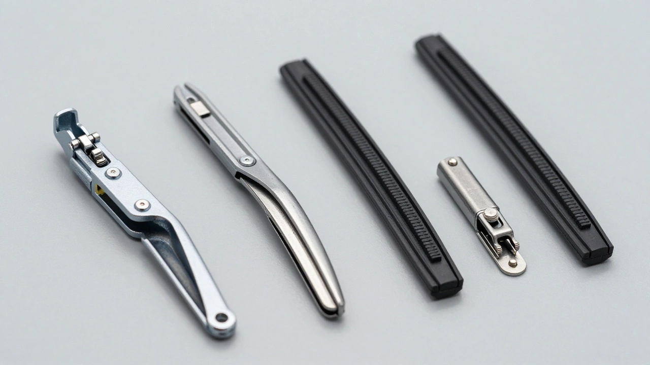 Close-up of different car wiper blade connector types on a workbench