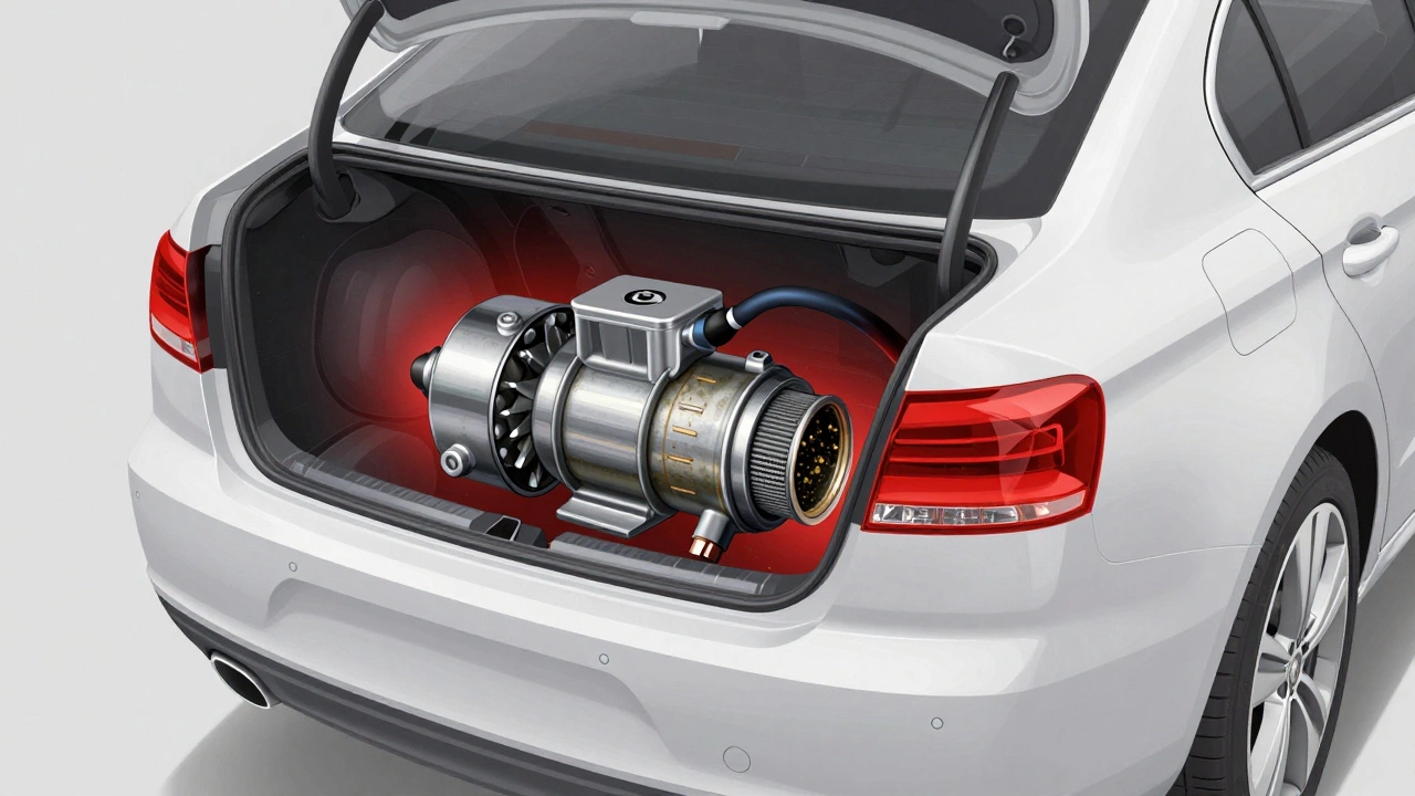 Cutaway diagram showing worn impeller and clogged filter inside a car fuel pump