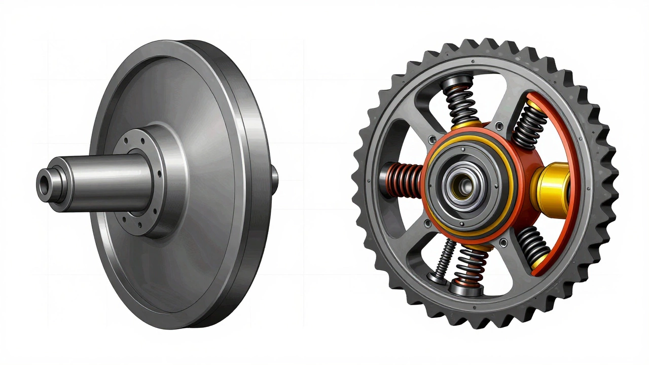 Diagram comparing single mass and dual mass flywheel internals