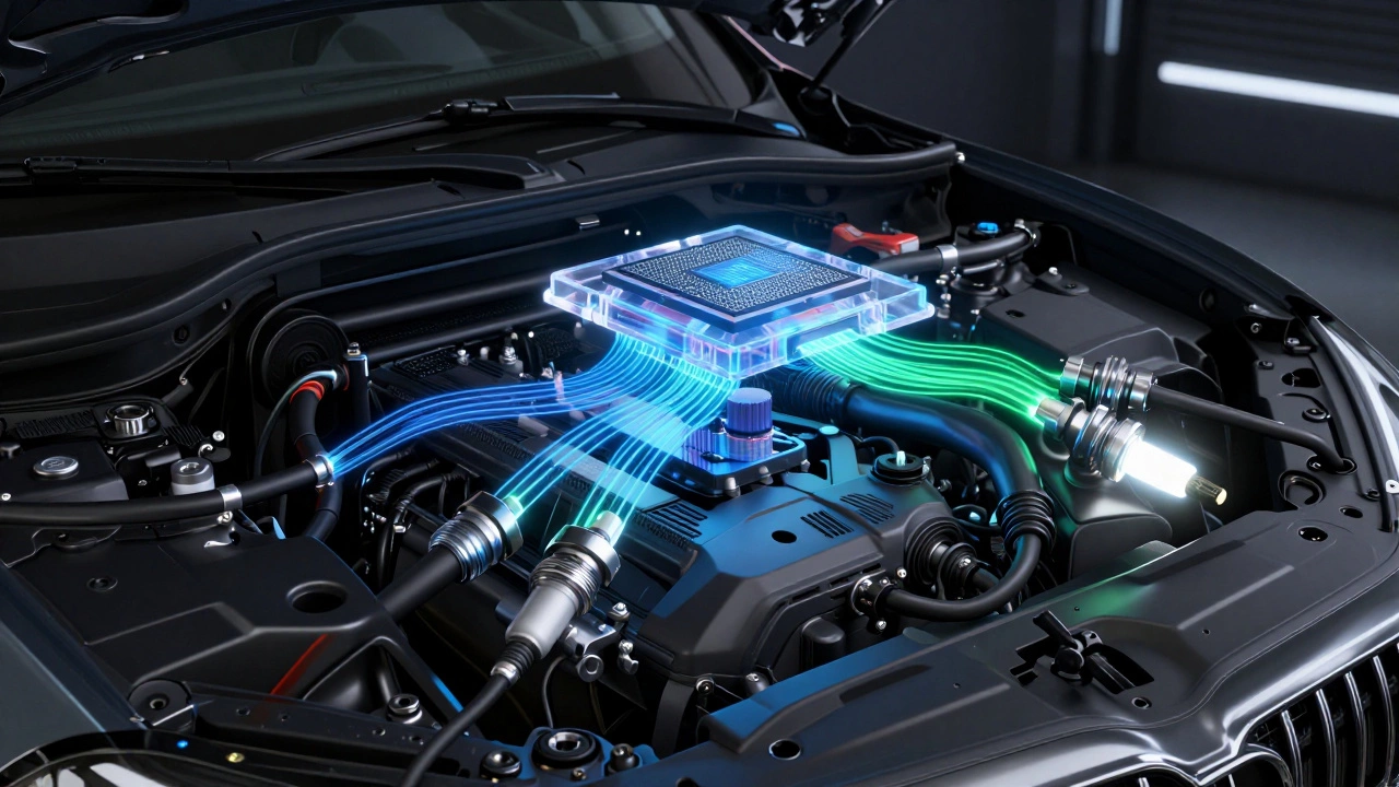 Digital illustration of ECU adapting to new spark plugs in engine