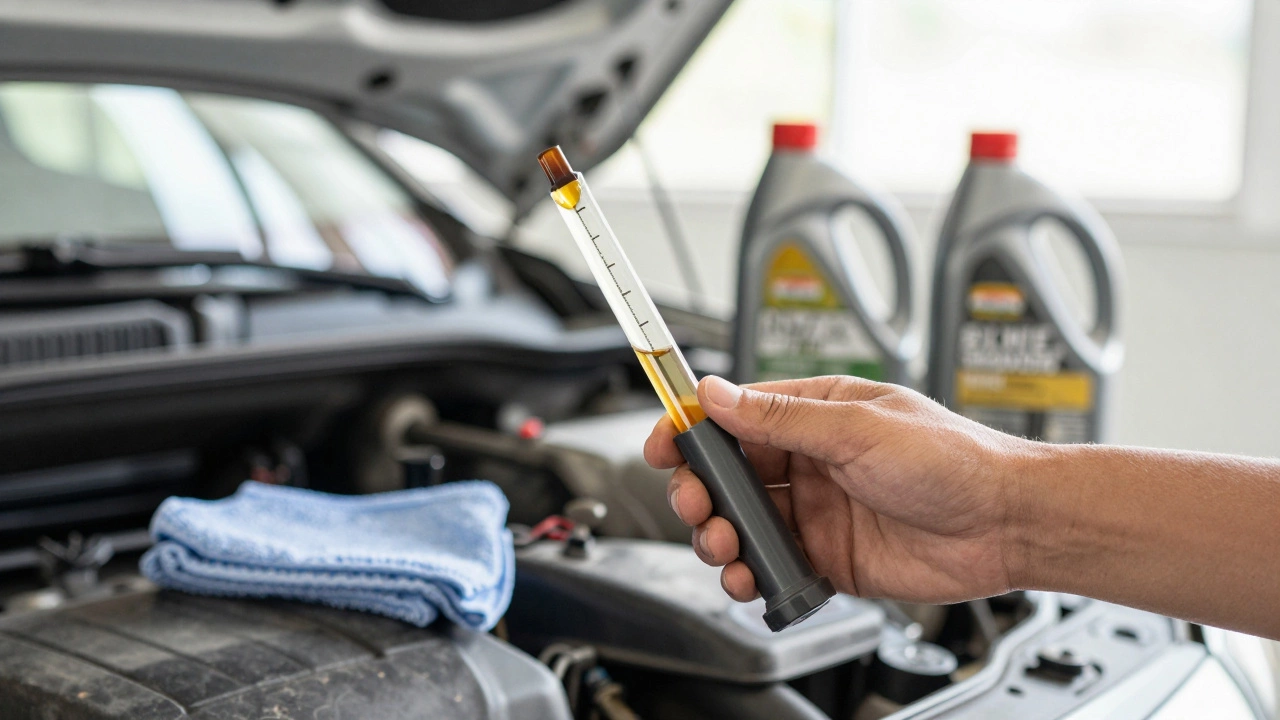 Dipstick showing low oil level held by a mechanic