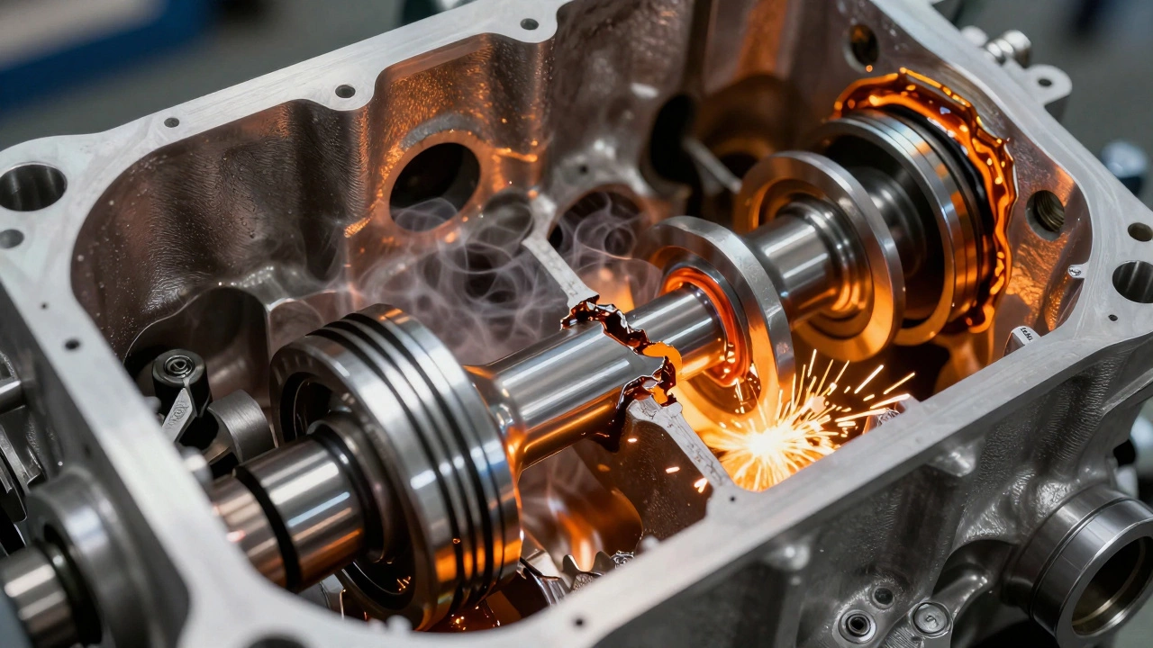 Engine internals showing metal parts grinding without oil lubrication