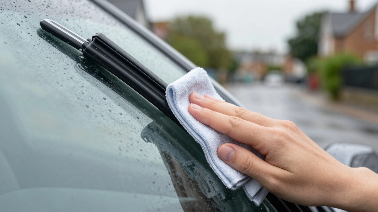 Hand cleaning a wiper blade with a cloth on a wet car window.