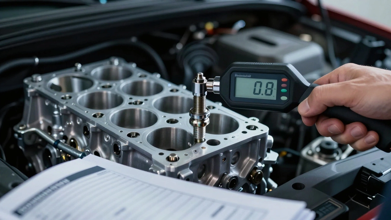 Hand using torque wrench to install spark plug in engine block