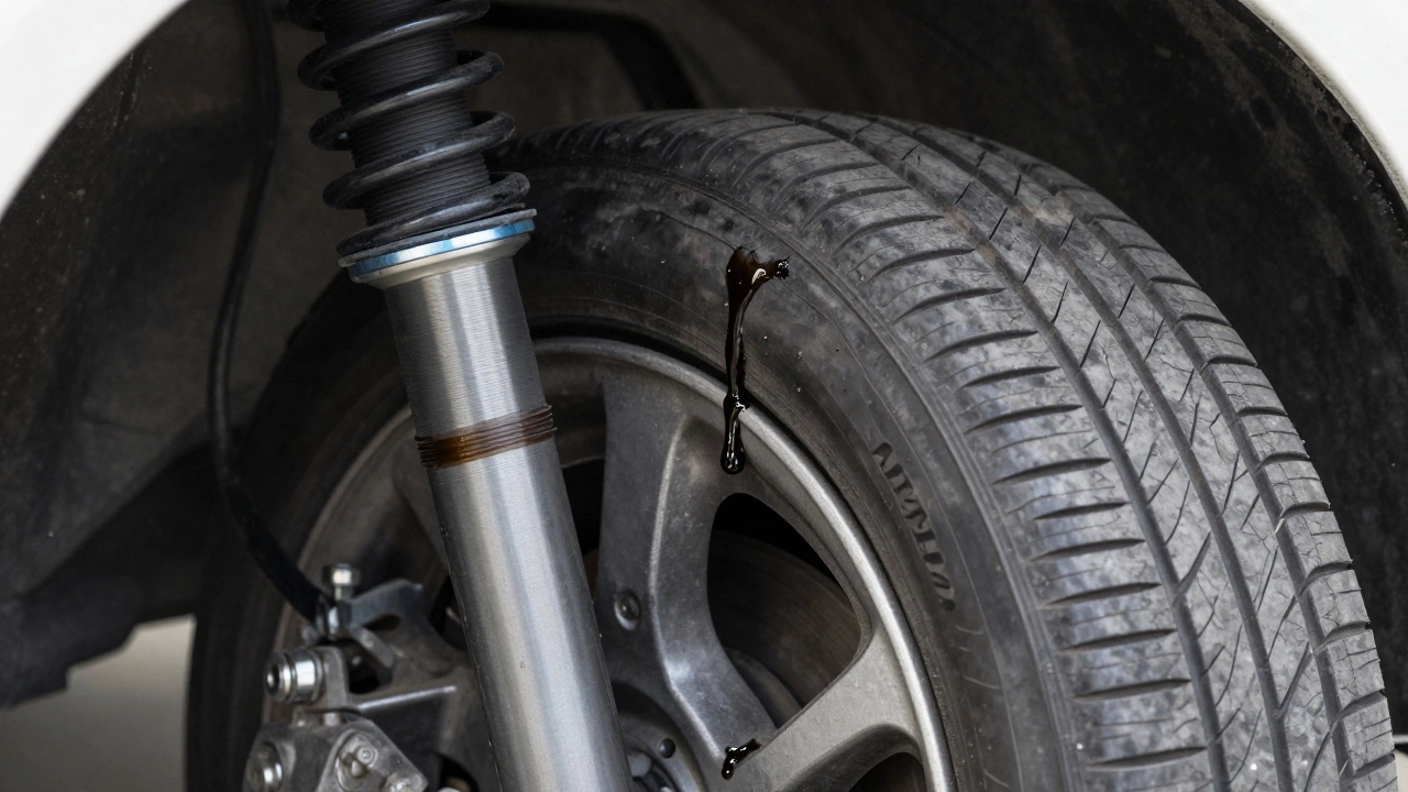 Leaking shock absorber and cupped tire tread close-up