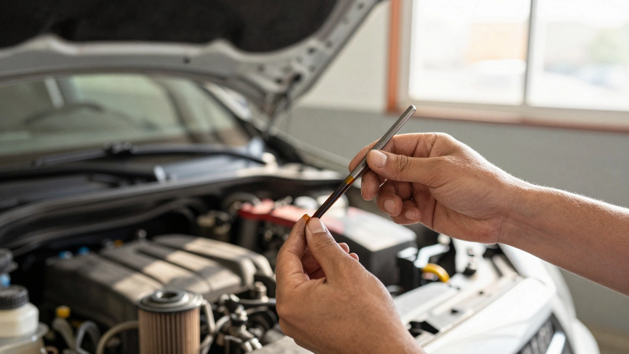 Mechanic checking engine oil quality on a dipstick