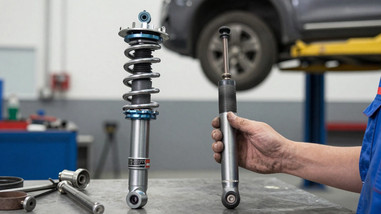 Mechanic comparing new comfort shock absorber with old worn part