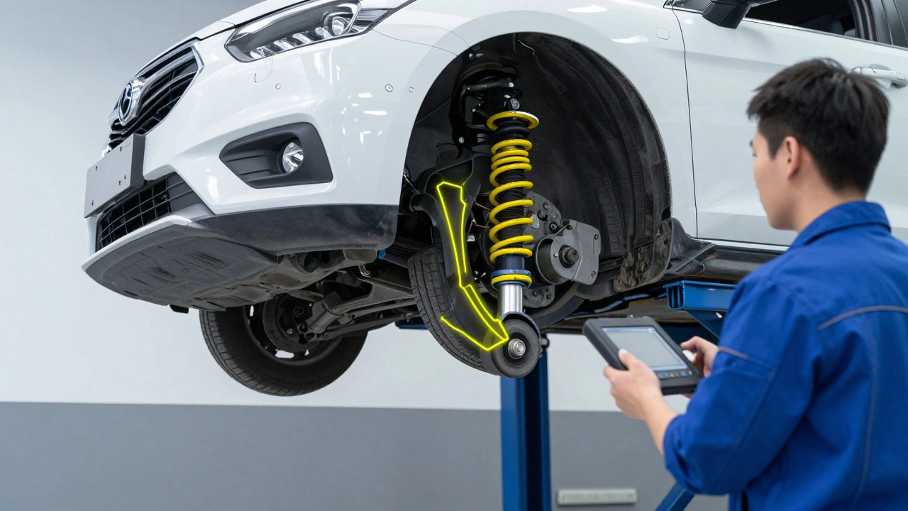 Mechanic inspecting car suspension for wear and alignment issues