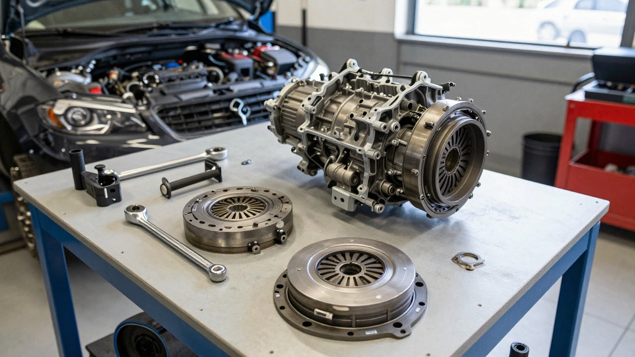 New clutch kit and tools ready for installation in workshop