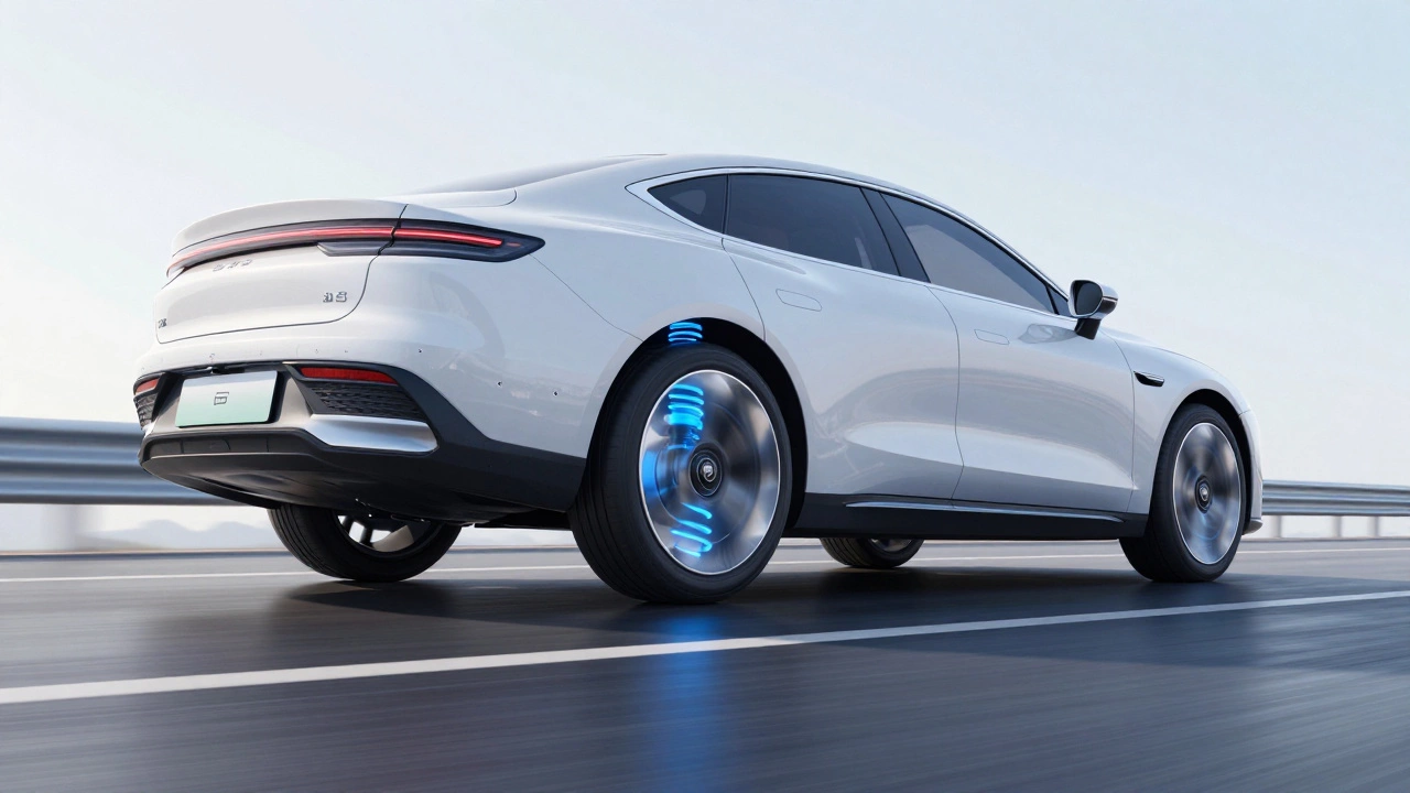 Sedan with glowing blue air suspension system above smooth road