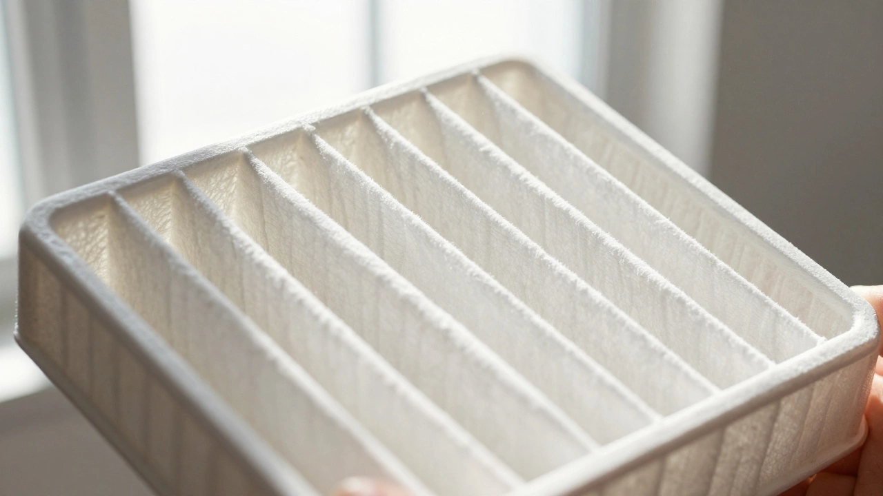 Sunlight shining through a clean pleated air filter showing dust