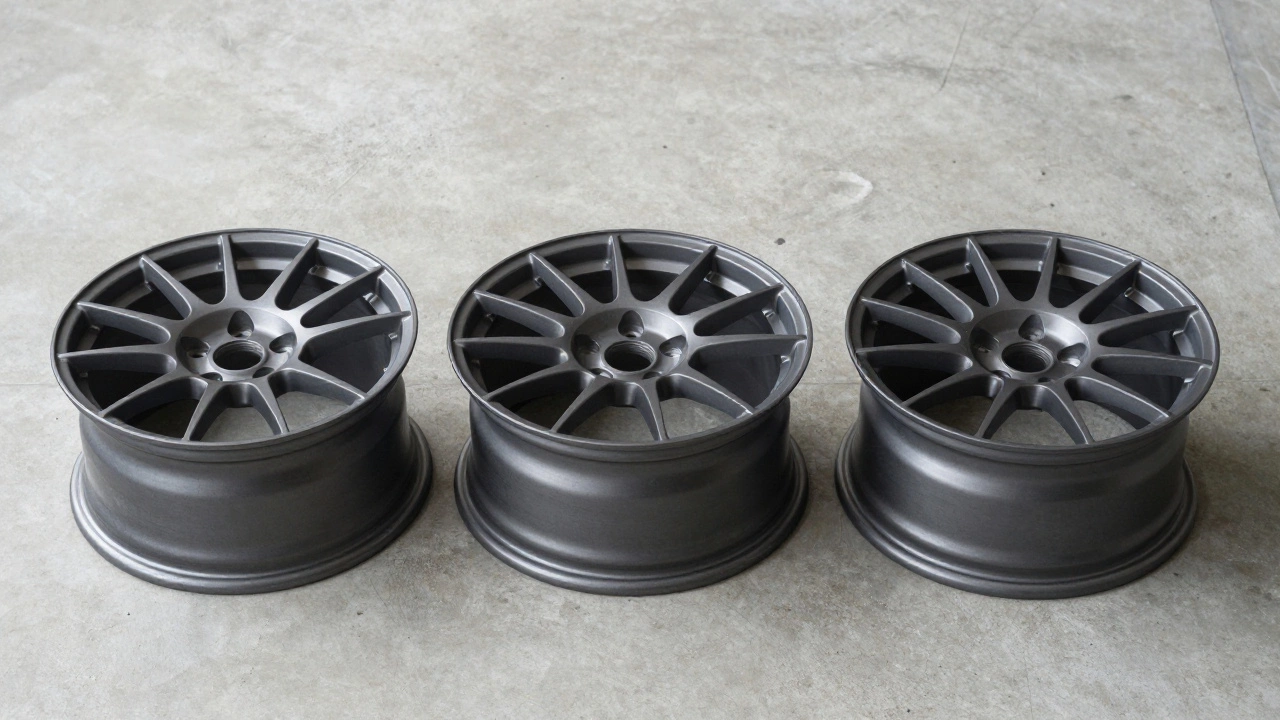 Three car wheels showing cast, flow-formed, and forged manufacturing styles