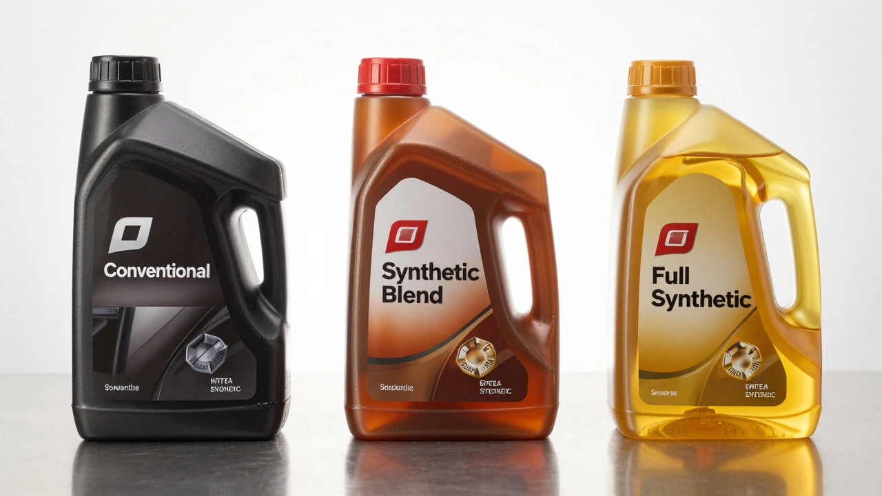 Three types of engine oil bottles showing different colors