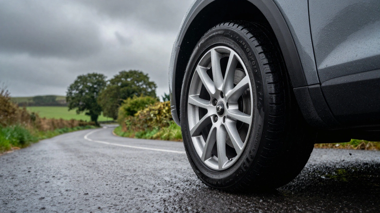 Car wheel splashing through rain on a winding UK country road