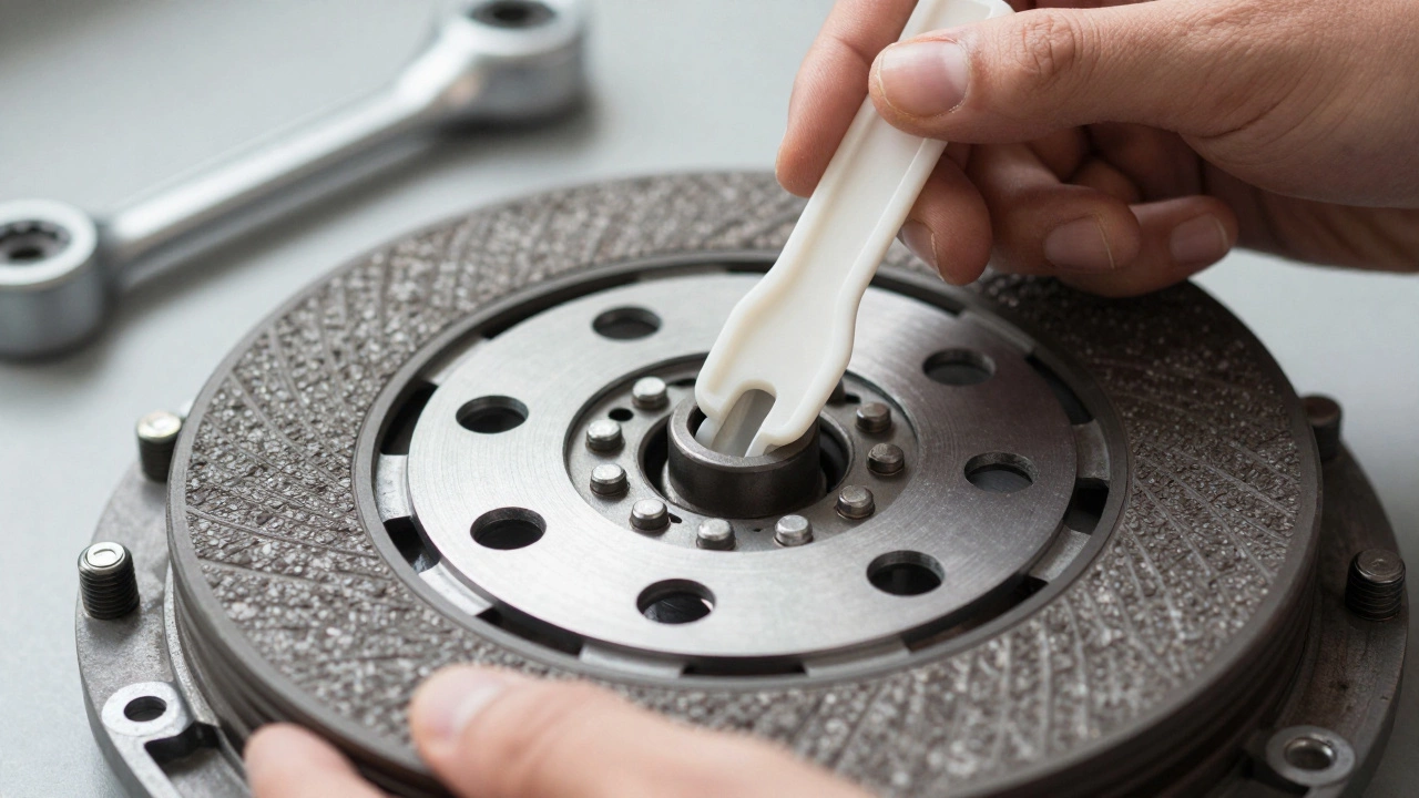 Close-up of clutch disc installation with alignment tool