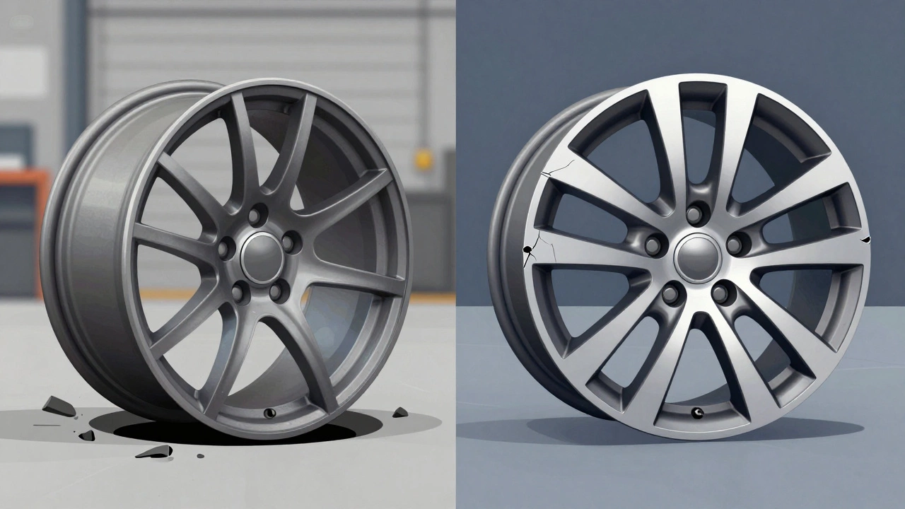 Comparison of a bent steel wheel versus a cracked alloy wheel