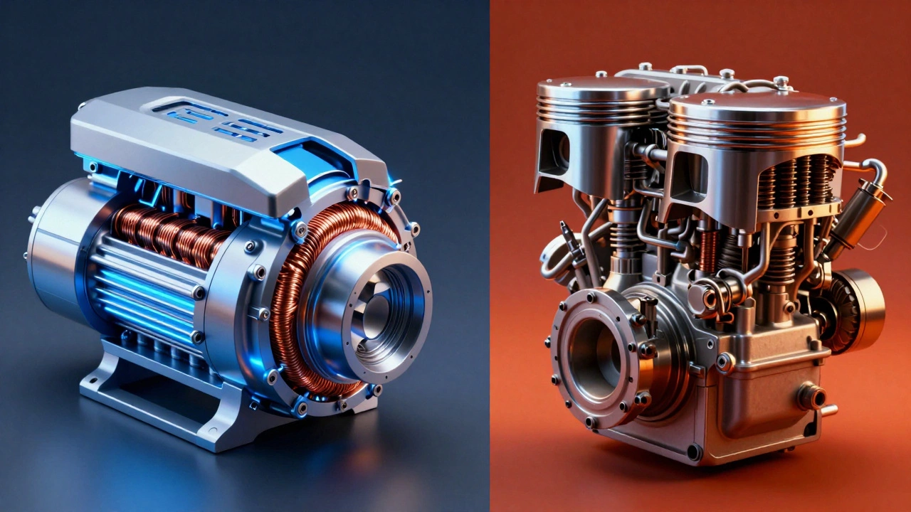 Comparison of an electric motor and a diesel engine piston showing different ignition methods.