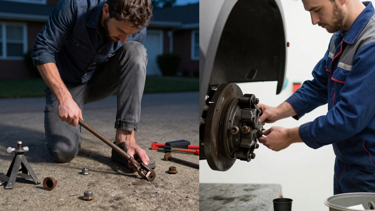 Comparison of DIY struggle in driveway vs pro efficiency in workshop