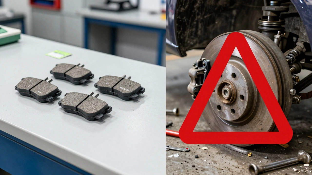 Comparison of new brake pads versus damaged rotors and leaking calipers