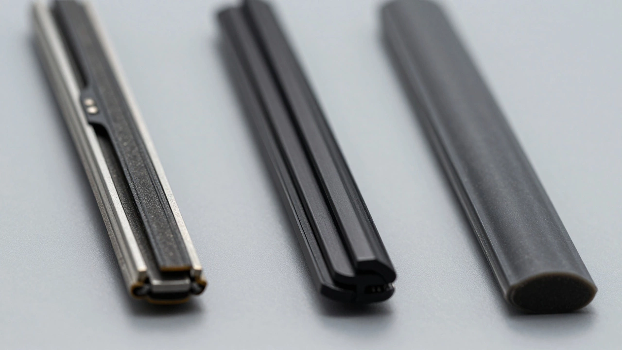 Comparison of traditional, beam, and silicone wiper blades on grey background