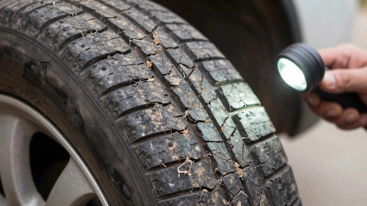 Cracked and dried-out tire sidewall showing signs of aging and dry rot
