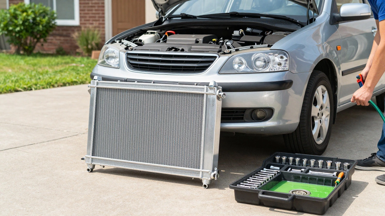 DIY car radiator replacement tools and new part on driveway