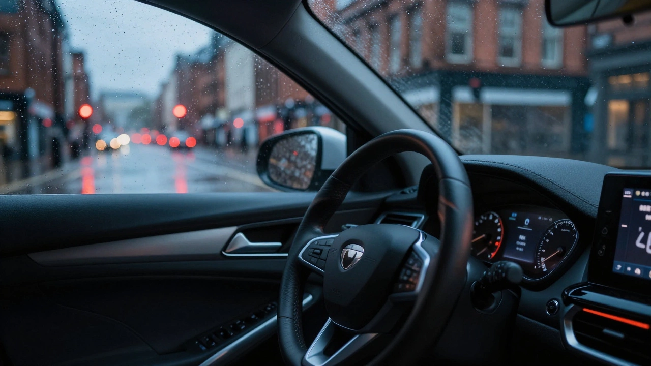 Driver's view of a vibrating steering wheel on a rainy UK street