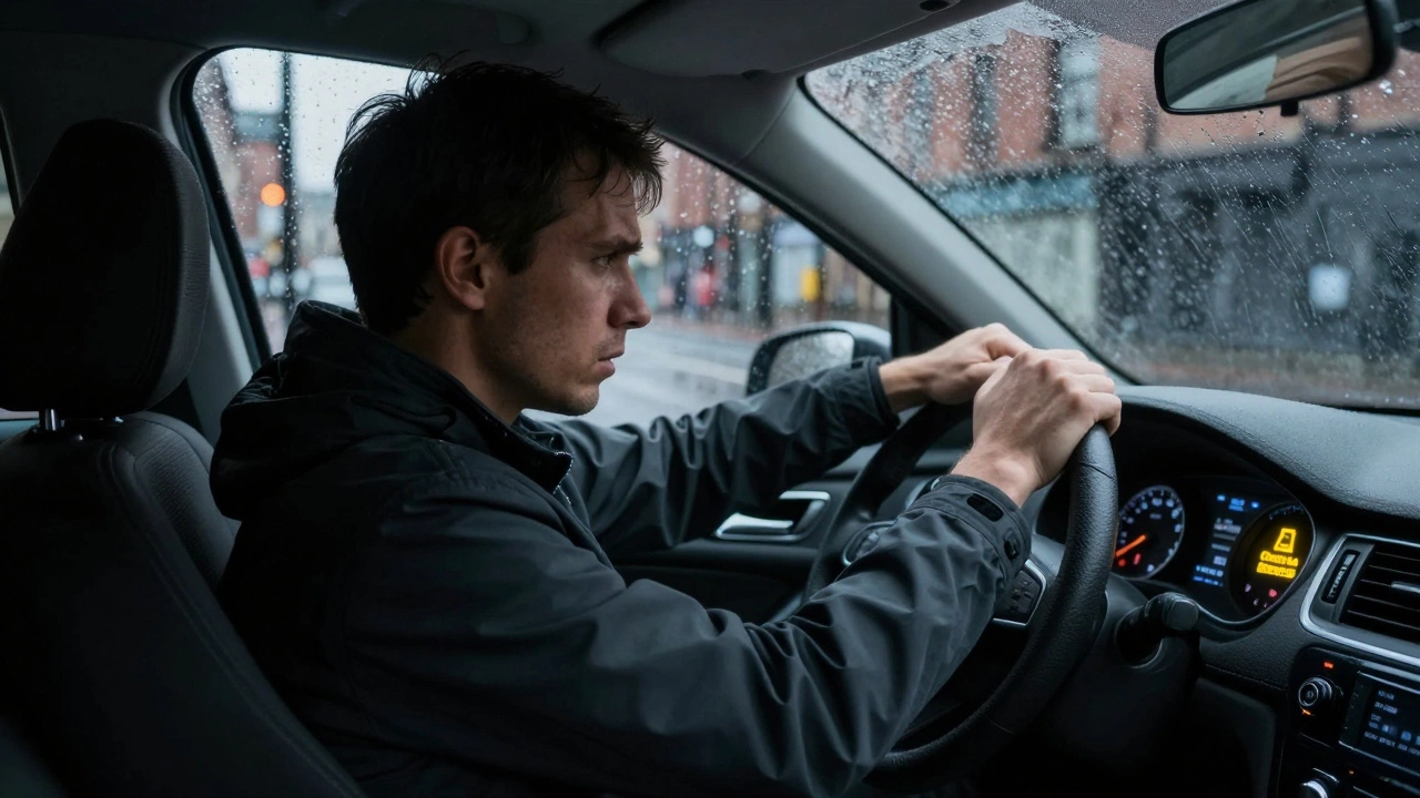 Driver looking at check engine light in a car on a rainy UK street.