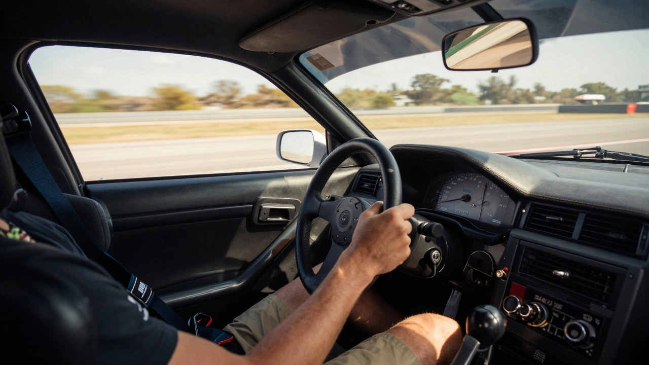 Driver shifting gears during high-speed racetrack launch