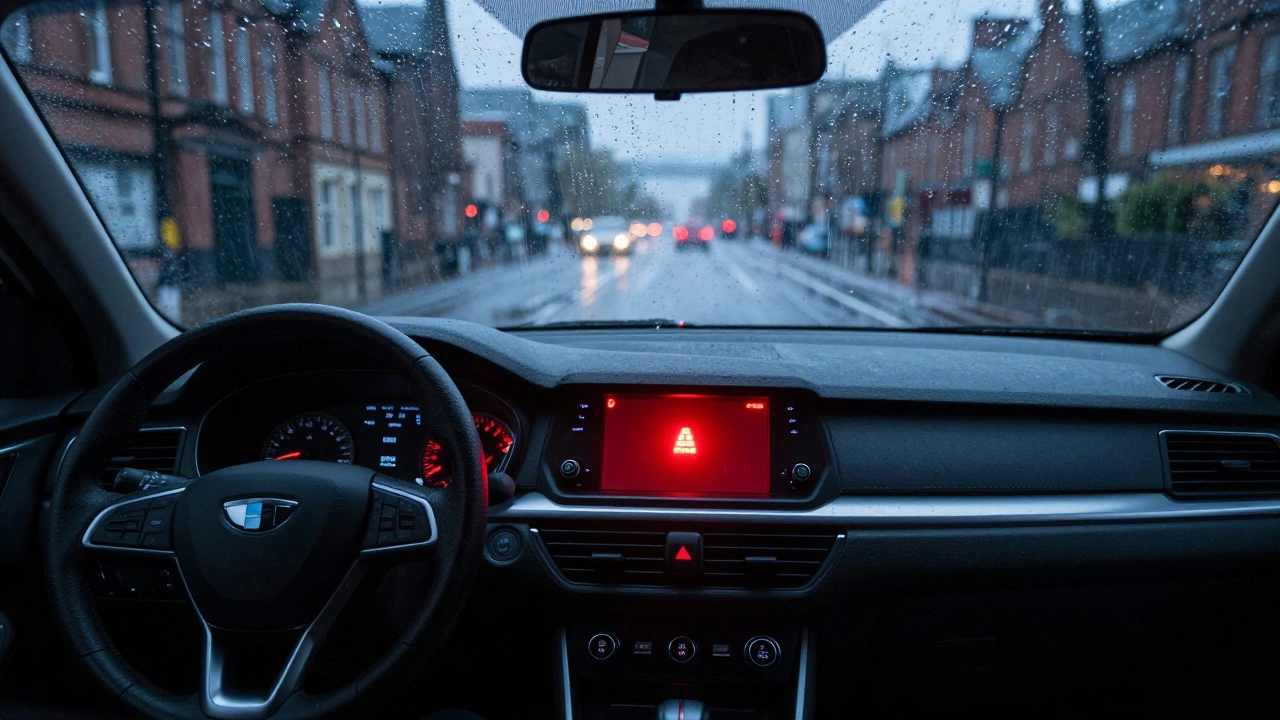 Driver view of wet road with illuminated red brake warning light on dashboard