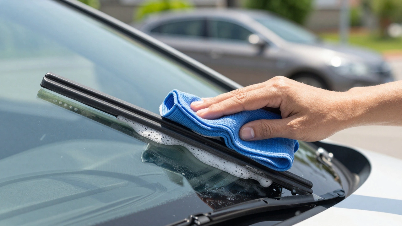 Hands cleaning a windshield wiper blade with a microfiber cloth and soap