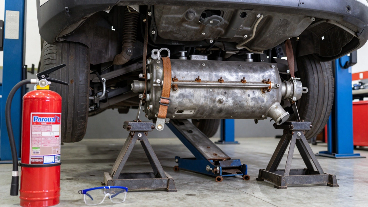 Lowered fuel tank supported by jack stands in a workshop