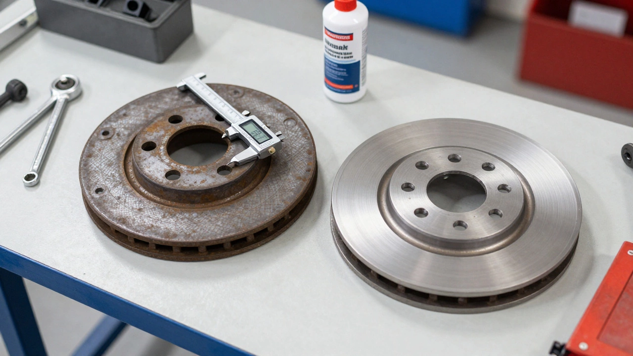 Mechanic's bench comparing a rusty old brake rotor with a new one and a micrometer