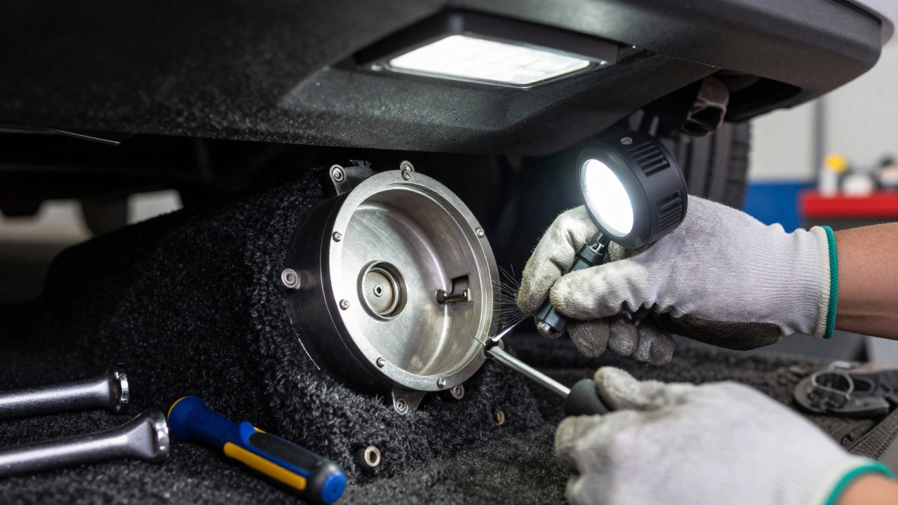 Mechanic accessing fuel pump through under-seat panel with tools