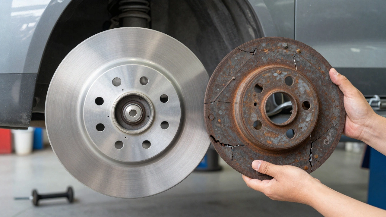 Mechanic comparing a new brake rotor with an old worn one