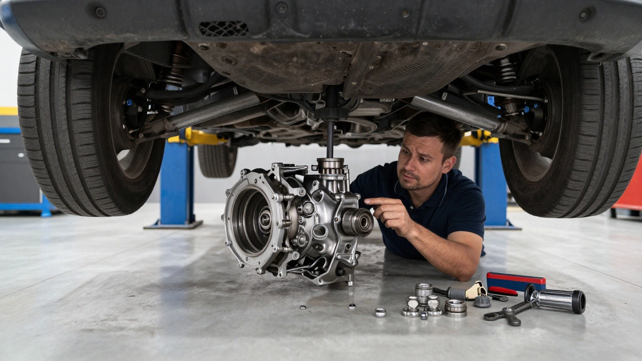 Mechanic inspecting car transmission and release bearing