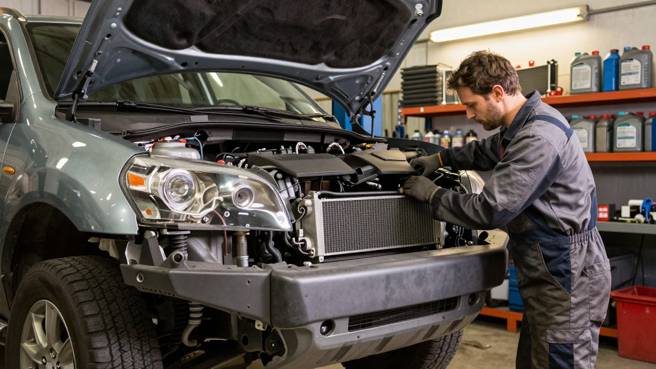 Mechanic inspecting SUV engine bay in professional garage